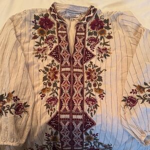 Johnny Was Beige Blouse with Burgundy and Gold Embroidery